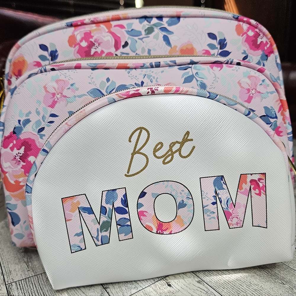 BEST MOM Love 3-Piece Set Cosmetic Case Pink Flower Travel Bag